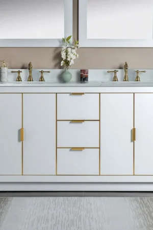 Woodbridge Venice 61" White and Gold Trim Solid Wood Vanity Base and Carrara White Engineered Stone Top With 3 Pre-drilled Holes for 8" Widespread Faucet Hot Deal