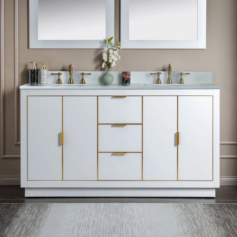 Woodbridge Venice 61" White and Gold Trim Solid Wood Vanity Base and Carrara White Engineered Stone Top With 3 Pre-drilled Holes for 8" Widespread Faucet Hot Deal
