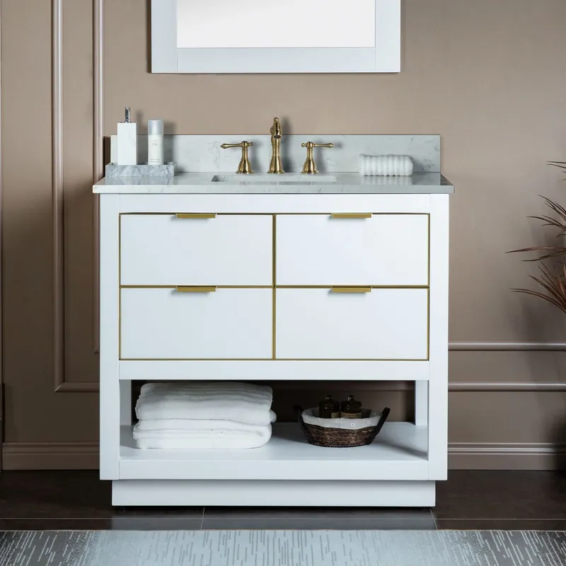 Woodbridge Venice 37" White and Gold Trim Solid Wood Vanity Base and Carrara White Engineered Stone Top With 3 Pre-drilled Holes for 8" Widespread Faucet Premium