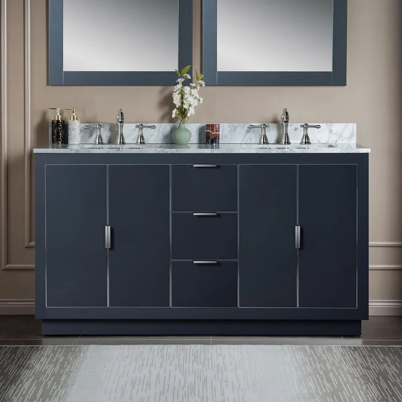 Order Now Woodbridge Venice 61" Gray With Brushed Nickel Trim Solid Wood Vanity Base and Carrara Marble Top With 3 Pre-drilled Holes for 8" Widespread Faucet