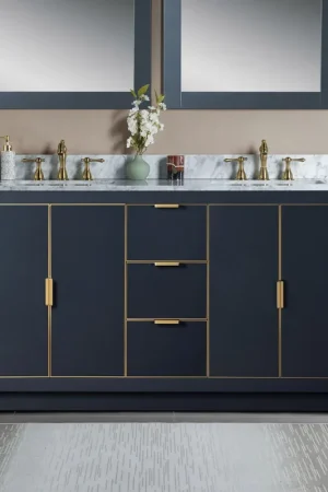 Woodbridge Venice 61" Gray With Gold Trim Solid Wood Vanity Base and Carrara Marble Top With 3 Pre-drilled Holes for 8" Widespread Faucet Buy Direct