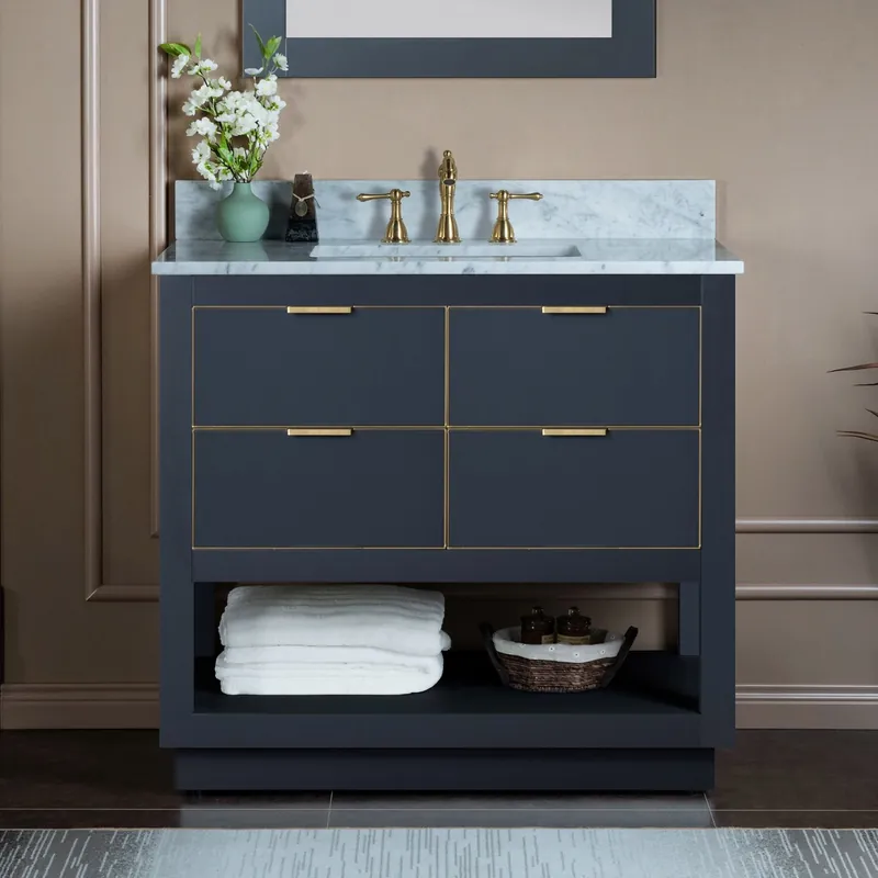 Woodbridge Venice 37" Gray and Gold Trim Solid Wood Vanity Base and Carrara Marble Top With 3 Pre-drilled Holes for 8" Widespread Faucet While Supplies Last