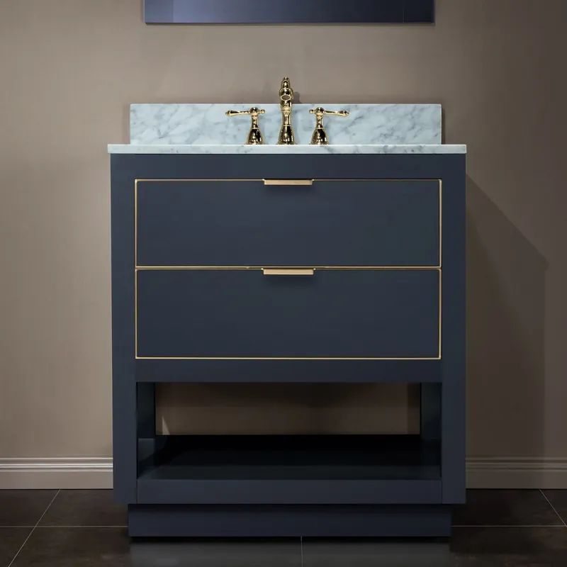 Woodbridge Venice 31" Gray and Gold Trim Solid Wood Vanity Base and Carrara Marble Vanity Top With 3 Pre-drilled Holes for 8" Widespread Faucet Hot Picks