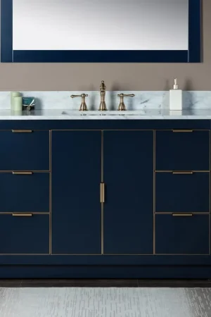 Woodbridge Venice 48" Navy Blue and Gold Trim Solid Wood Vanity Base and Carrara Marble Top With 3 Pre-drilled Holes for 8" Widespread Faucet Special Offer