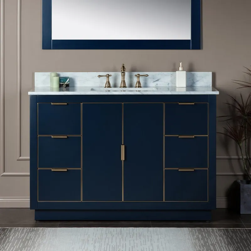 Woodbridge Venice 48" Navy Blue and Gold Trim Solid Wood Vanity Base and Carrara Marble Top With 3 Pre-drilled Holes for 8" Widespread Faucet Special Offer