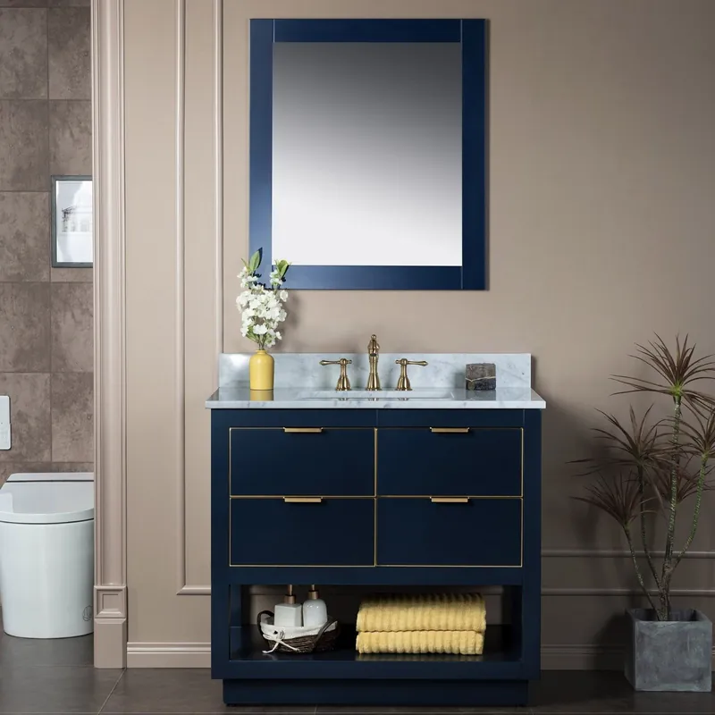 Top Rated Woodbridge Venice 43" Navy Blue and Gold Trim Solid Wood Vanity Base and Carrara Marble Top With 3 Pre-drilled Holes for 8" Widespread Faucet