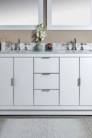 Woodbridge Venice 61" White and Brushed Nickel Trim Solid Wood Vanity Base and Carrara Marble Top With 3 Pre-drilled Holes for 8" Widespread Faucet Editor’s Pick