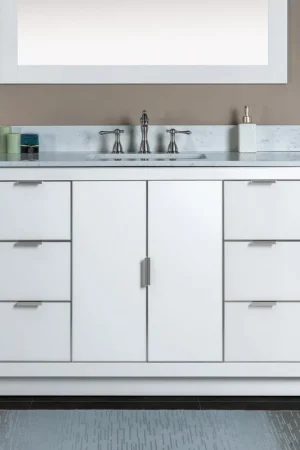 Woodbridge Venice 48" White and Brushed Nickel Trim Solid Wood Vanity Base and Carrara Marble Top With 3 Pre-drilled Holes for 8" Widespread Faucet Top Pick