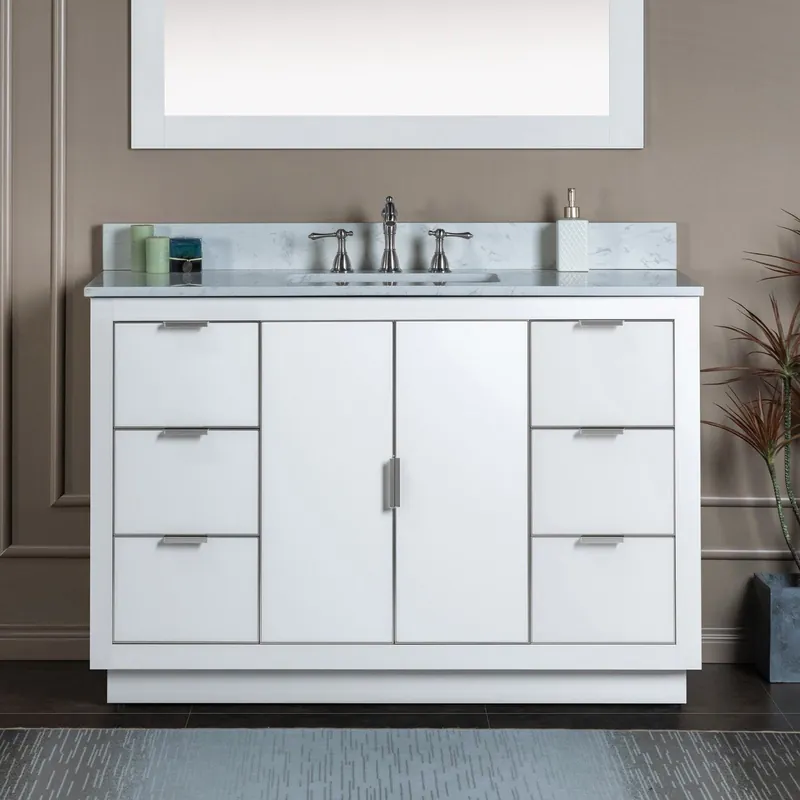 Woodbridge Venice 48" White and Brushed Nickel Trim Solid Wood Vanity Base and Carrara Marble Top With 3 Pre-drilled Holes for 8" Widespread Faucet Top Pick