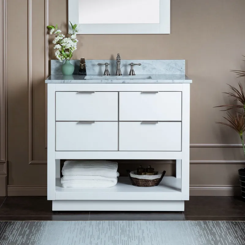 Woodbridge Venice 43" White and Brushed Nickel Trim Solid Wood Vanity Base and Carrara Marble Top With 3 Pre-drilled Holes for 8" Widespread Faucet Editor’s Pick