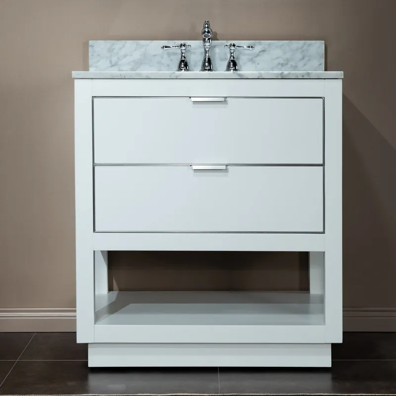 Woodbridge Venice 31" White and Brushed Nickel Trim Solid Wood Vanity Base and Carrara Marble Vanity Top With 3 Pre-drilled Holes for 8" Widespread Faucet Next Day Delivery
