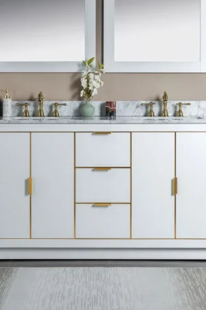 Woodbridge Venice 61" White and Gold Trim Solid Wood Vanity Base and Carrara Marble Top With 3 Pre-drilled Holes for 8" Widespread Faucet Best Seller