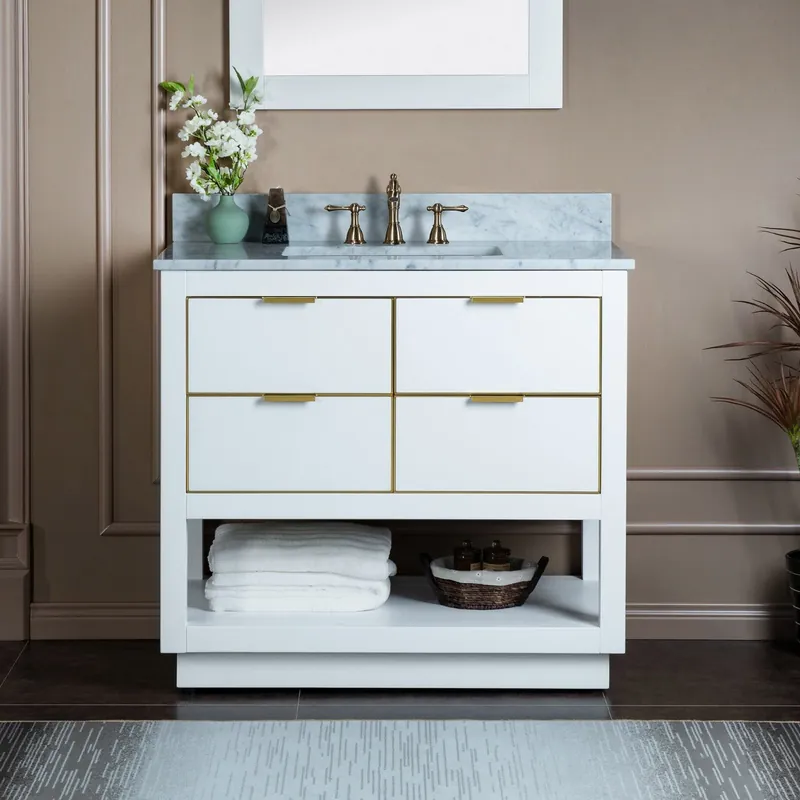 Crafted Woodbridge Venice 43" White and Gold Trim Solid Wood Vanity Base and Carrara Marble Top With 3 Pre-drilled Holes for 8" Widespread Faucet