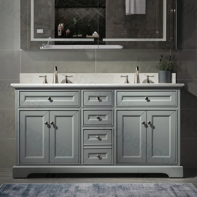 Buy Online WoodBridge London 60" Gray Solid Wood Bathroom Vanity Base and Engineered Marble White Carrara Top, Double Rectangle Undermount Sink, 4 Soft Closing Doors and 3 Full Extension Dovetail Drawers With 8" Faucet Holes