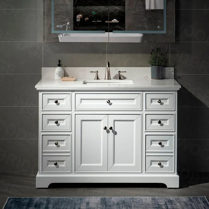 WoodBridge London 48" White Solid Wood Bathroom Vanity Base and Engineered Marble White Carrara Countertop, Rectangle Undermount Sink, 2 Soft Closing Doors and 6 Full Extension Dovetail Drawers With 8" Faucet Holes Special Discount