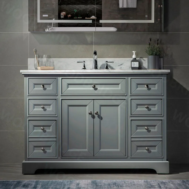 New Release WoodBridge London 48" Gray Solid Wood Bathroom Vanity Base and Authentic Italian Carrara Marble Top, Rectangle Undermount Sink, 2 Soft Closing Doors and 6 Full Extension Dovetail Drawers With 8" Faucet Holes