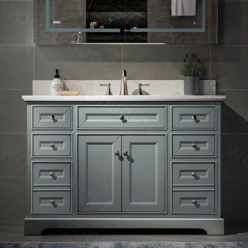 WoodBridge London 48" Gray Solid Wood Bathroom Vanity Base and Engineered Marble White Carrara Countertop, Rectangle Undermount Sink, 2 Soft Closing Doors and 6 Full Extension Dovetail Drawers With 8" Faucet Holes Limited Time