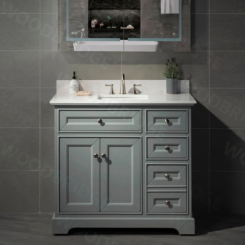 WoodBridge London 36" Gray Solid Wood Bathroom Vanity Base and Engineered Marble White Carrara Countertop, Rectangle Undermount Sink, Soft Closing Doors and 3 Full Extension Dovetail Drawers With 8" Faucet Holes Seasonal Sale