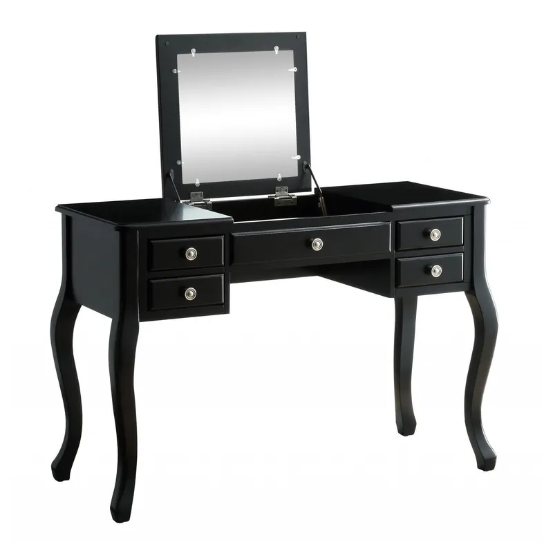 Bargain HomeRoots 18' x 43' x 47' Tan Fabric Black Wood Mirror Vanity Set