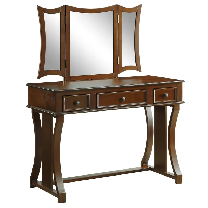 Brand New HomeRoots 19' x 43' x 54' Taupe Fabric Cherry Wood Mirror Vanity Set