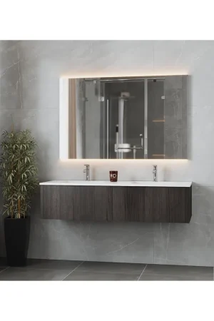 Factory Price Laviva Legno 60" Carbon Oak Vanity Base and Matte White Solid Surface Countertop With Integrated Double Sink