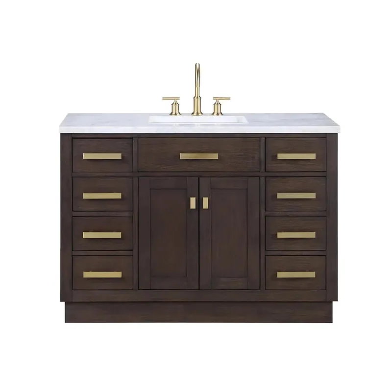 Water Creation Chestnut 48" Single Sink Carrara White Marble Countertop Vanity In Brown Oak with Grooseneck Faucet Viral