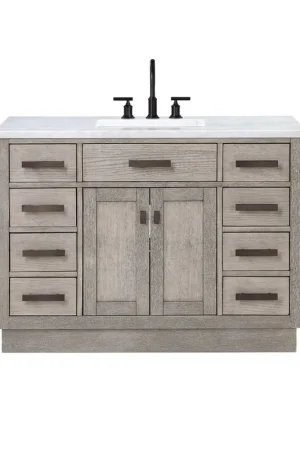 Top Pick Water Creation Chestnut 48" Single Sink Carrara White Marble Countertop Vanity In Grey Oak with Grooseneck Faucet and Mirror