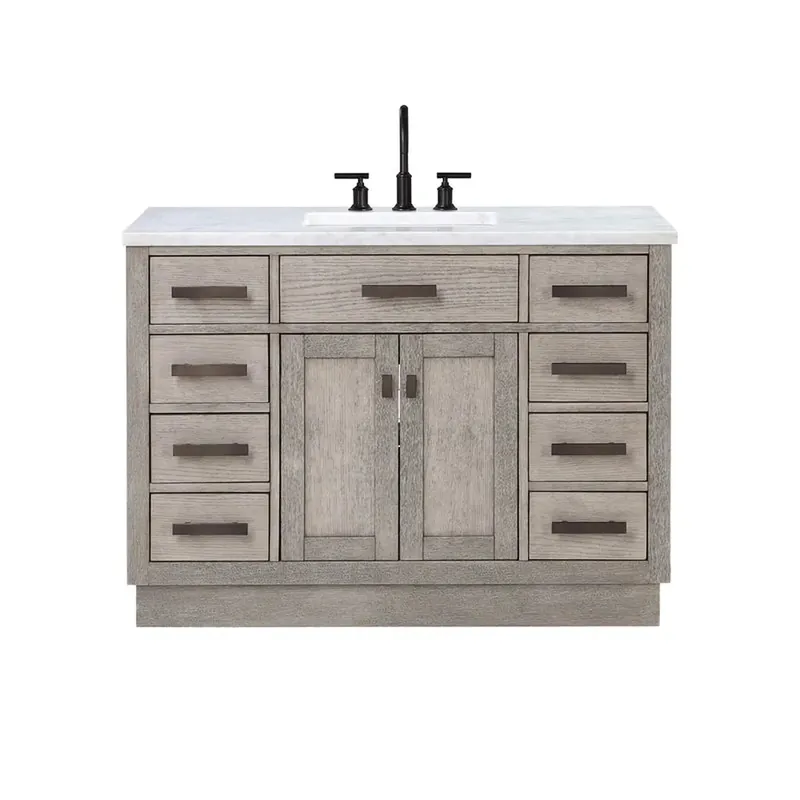 Top Pick Water Creation Chestnut 48" Single Sink Carrara White Marble Countertop Vanity In Grey Oak with Grooseneck Faucet and Mirror