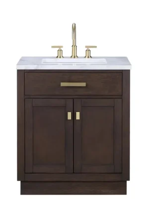 Hassle-Free Returns Water Creation Chestnut 30" Single Sink Carrara White Marble Countertop Vanity In Brown Oak with Mirror