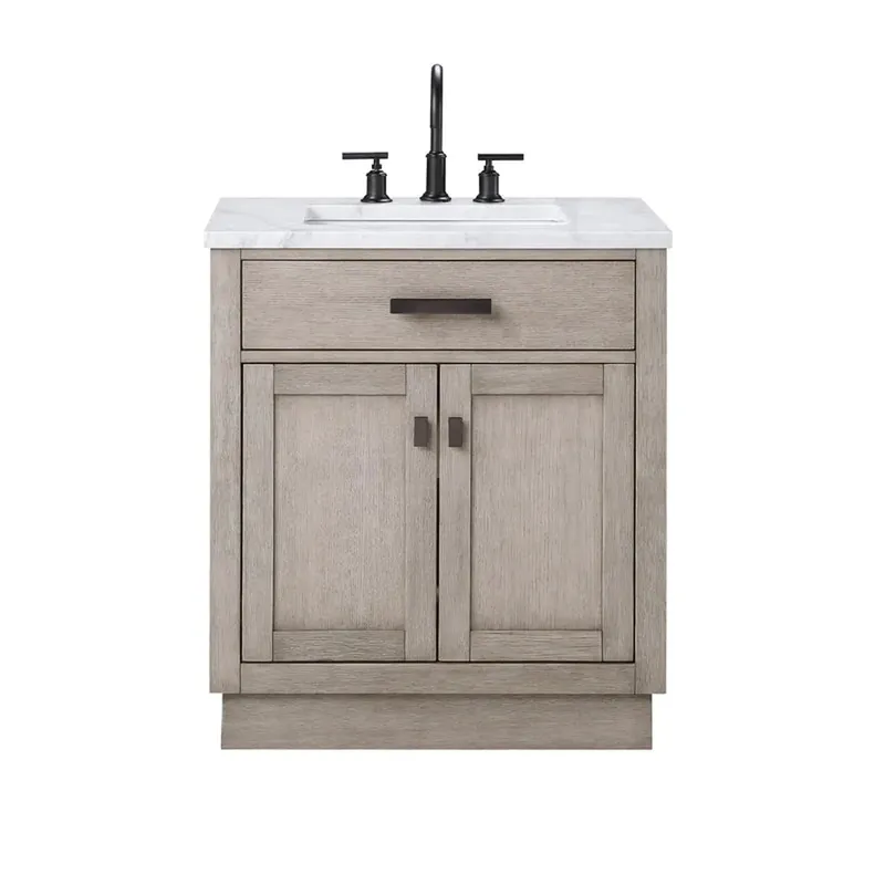 Factory Price Water Creation Chestnut 30" Single Sink Carrara White Marble Countertop Vanity In Grey Oak with Grooseneck Faucet and Mirror