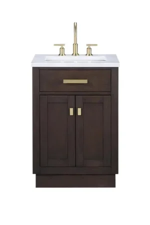 Get Yours Water Creation Chestnut 24" Single Sink Carrara White Marble Countertop Vanity In Brown Oak with Mirror