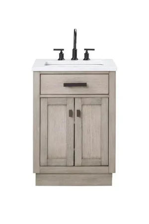 Budget Water Creation Chestnut 24" Single Sink Carrara White Marble Countertop Vanity In Grey Oak with Mirror