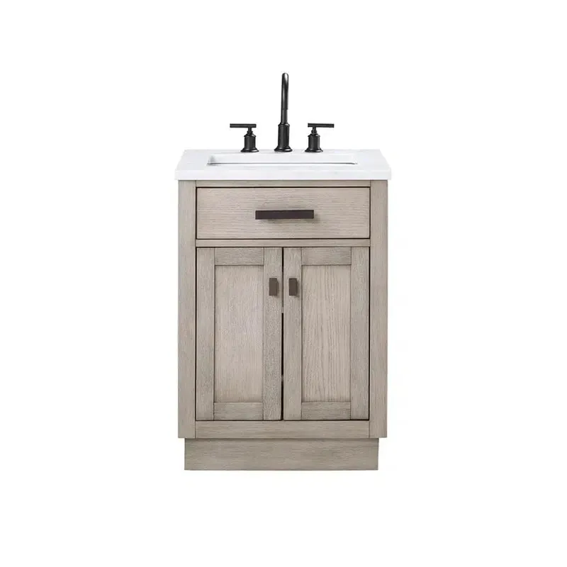 Budget Water Creation Chestnut 24" Single Sink Carrara White Marble Countertop Vanity In Grey Oak with Mirror