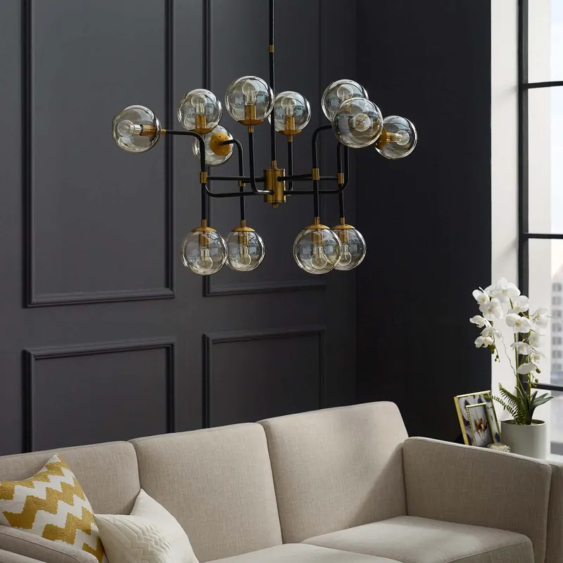 Ambition Amber Glass And Antique Brass 12 Light Pendant Chandelier By Trusted Brand