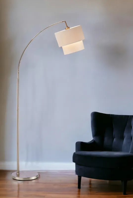 Warranty Included Silver Adjustable Arched Floor Lamp With White And Natural Fabric Drum
