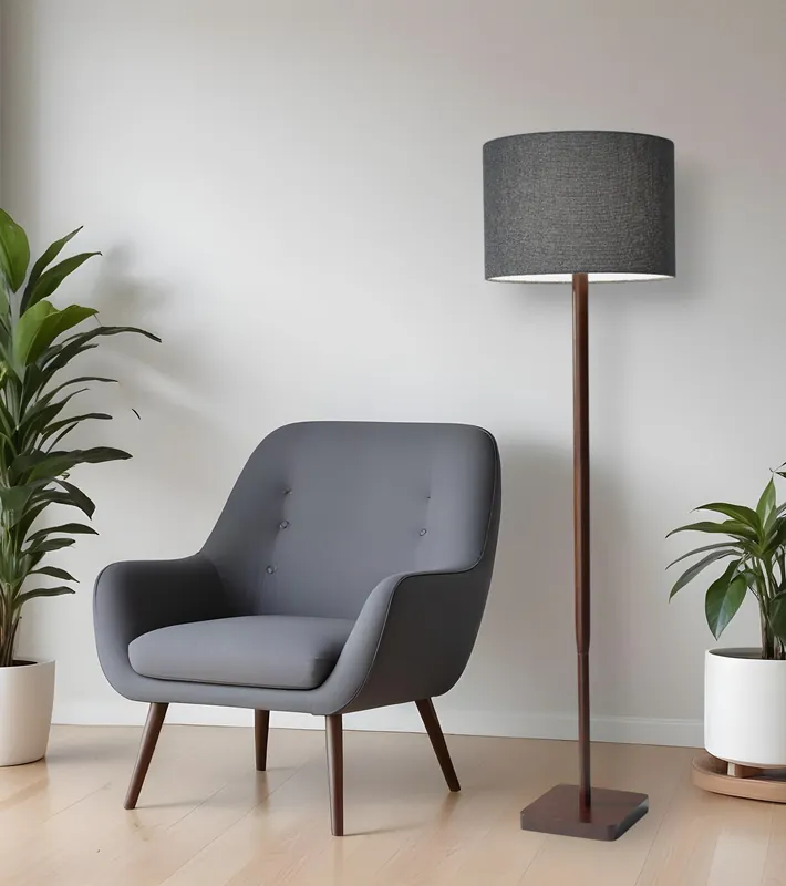 Brown And Black Solid Wood Floor Lamp With Dark Gray Fabric Drum Shade Low Price