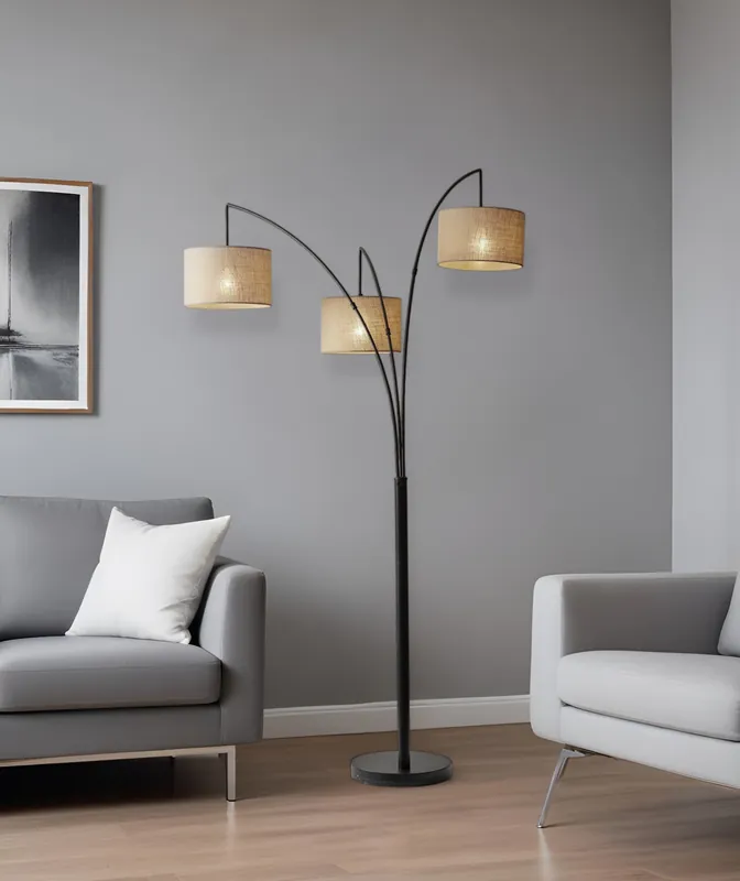 Bronze Three Light Tree Floor Lamp With Beige Burlap Drum Shade By Hom Price Cut