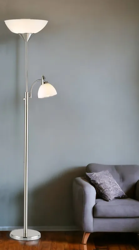 Free Delivery Silver Metal Two Light Torchiere Floor Lamp With White Bowl Shade By H