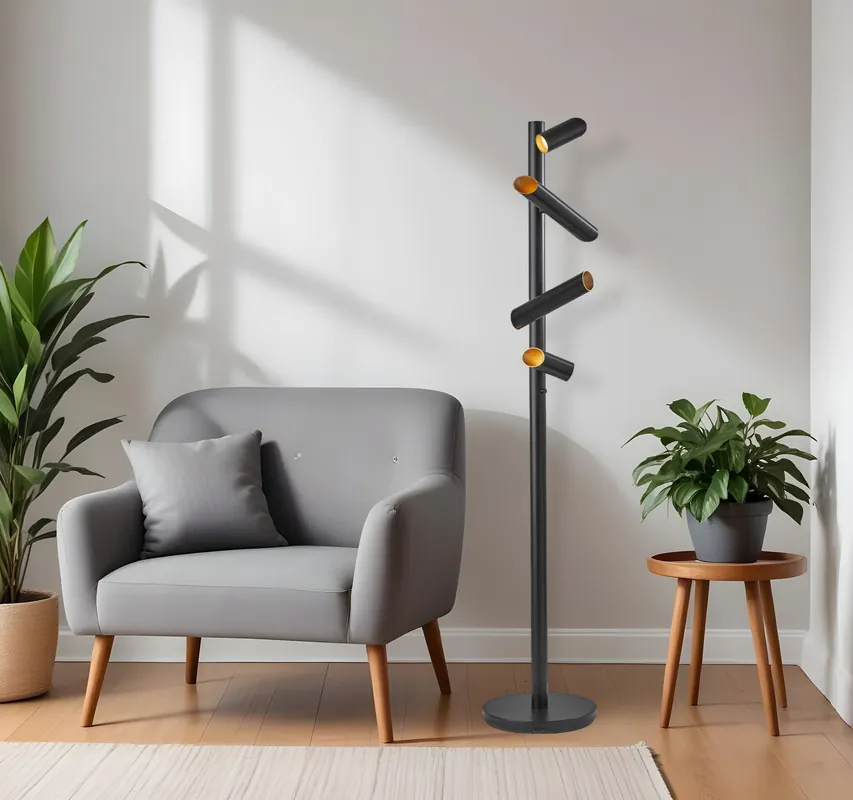 Black LED Tree Floor Lamp With Four Black Metal Cylinder Shades By Hom New Arrival
