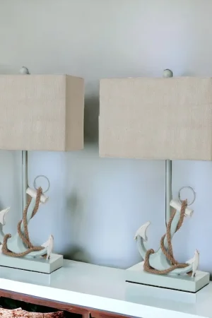 Worldwide Shipping Set of Two Blue Coastal Anchor Table Lamps With Beige Shade By Homeroo