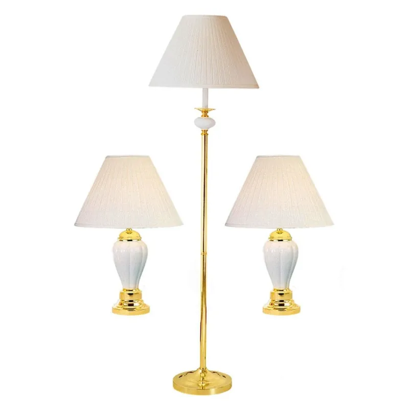 Bulk Order Set Of Three Gold and White Ceramic Bedside Floor and Table Lamp Set W