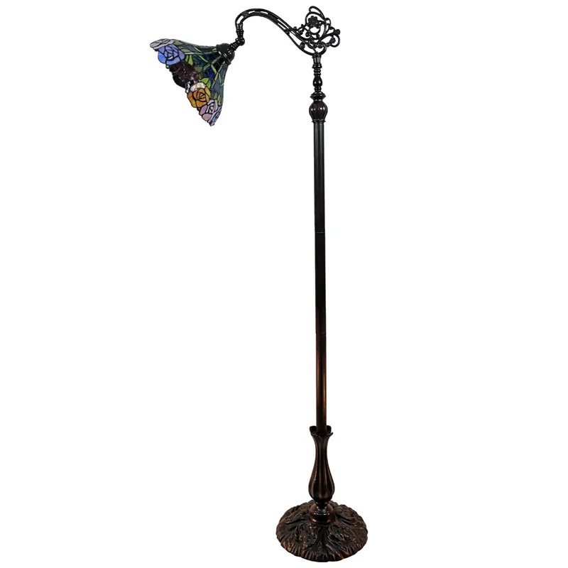 Brown Torchiere Floor Lamp With Blue and Yellow Flowers Glass Dome Sha Crafted