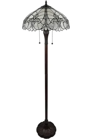 Dark Brown Two Light Torchiere Floor Lamp With White Fleur de Lis Glas Super Sale