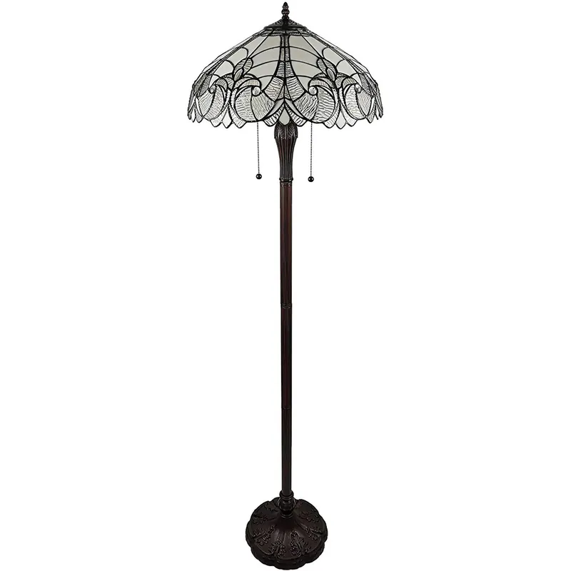 Dark Brown Two Light Torchiere Floor Lamp With White Fleur de Lis Glas Super Sale