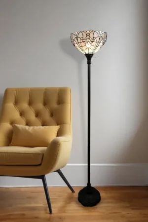 Order Now Brown Torchiere Floor Lamp With White Tiffany Style Glass Dome Shade B