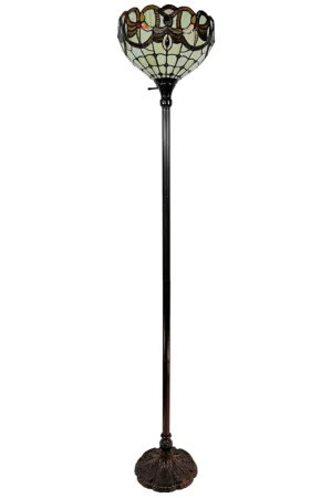 Beige Torchiere Floor Lamp With Red And White Flowers Glass Dome Shade Modern