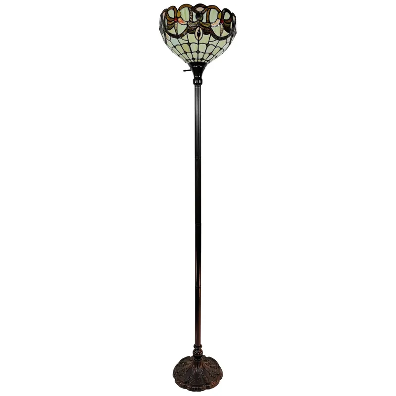 Beige Torchiere Floor Lamp With Red And White Flowers Glass Dome Shade Modern