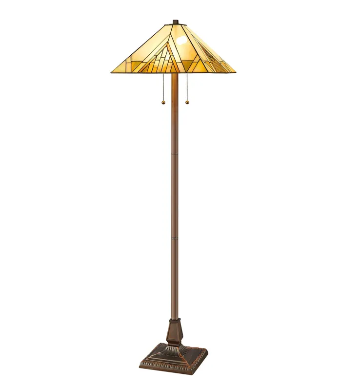 Same Day Shipping Brown Two Light Beige And Brown Geometric Stained Glass Floor Lamp By