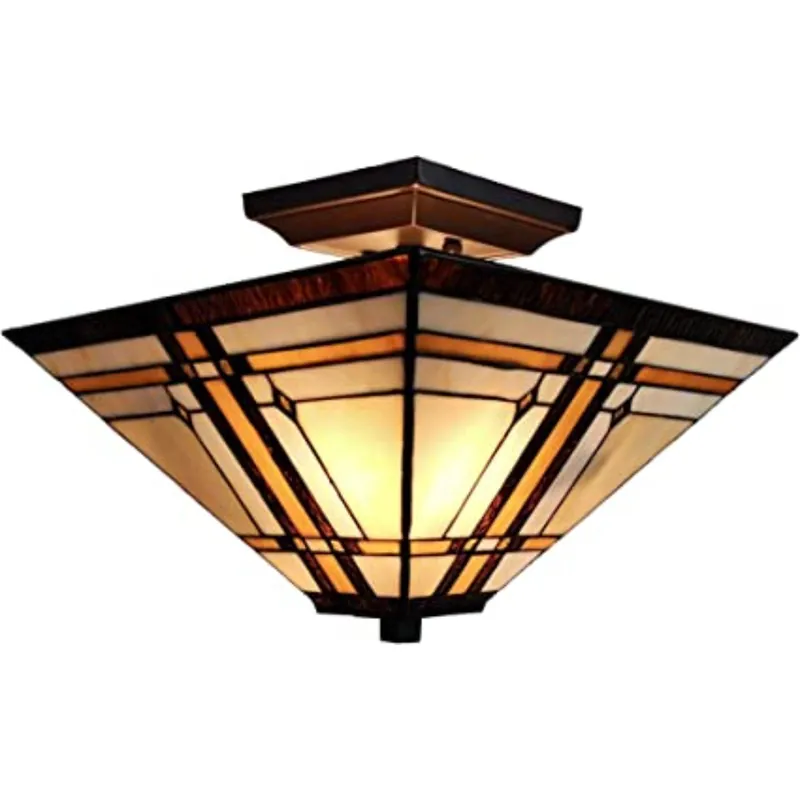 Brown and Amber Tiffany Style Mission Semi Flush Dimmable Ceiling Ligh Direct From Factory