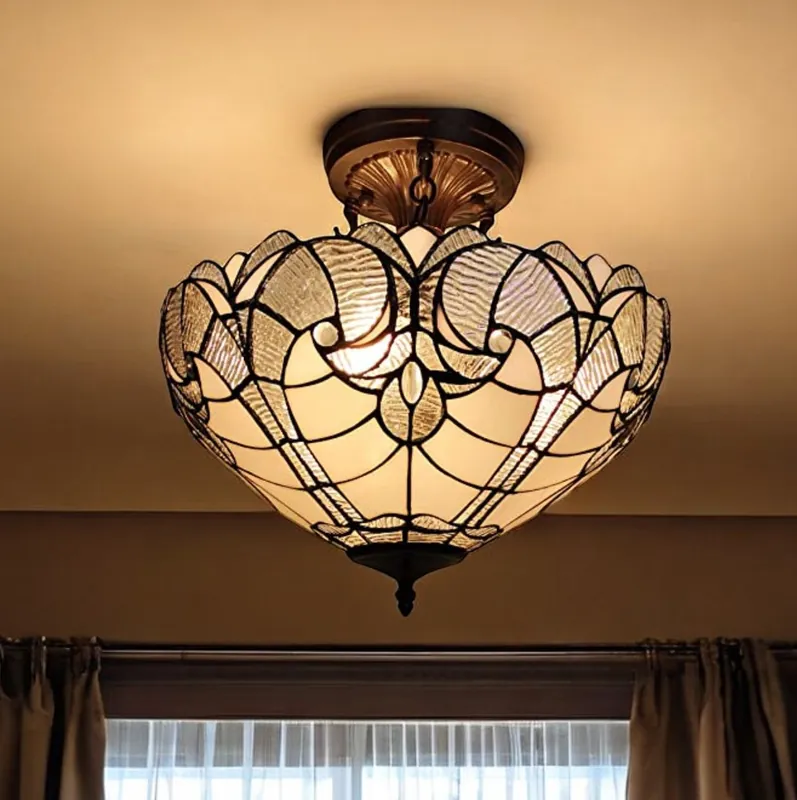 Special Discount Yellow and Brown Two Light Tiffany Style Semi Flush Dimmable Ceiling L